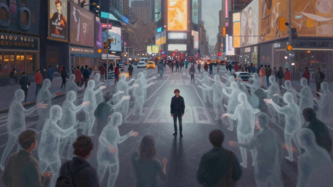 Isolated figure in swirling crowd representing NYC loneliness
