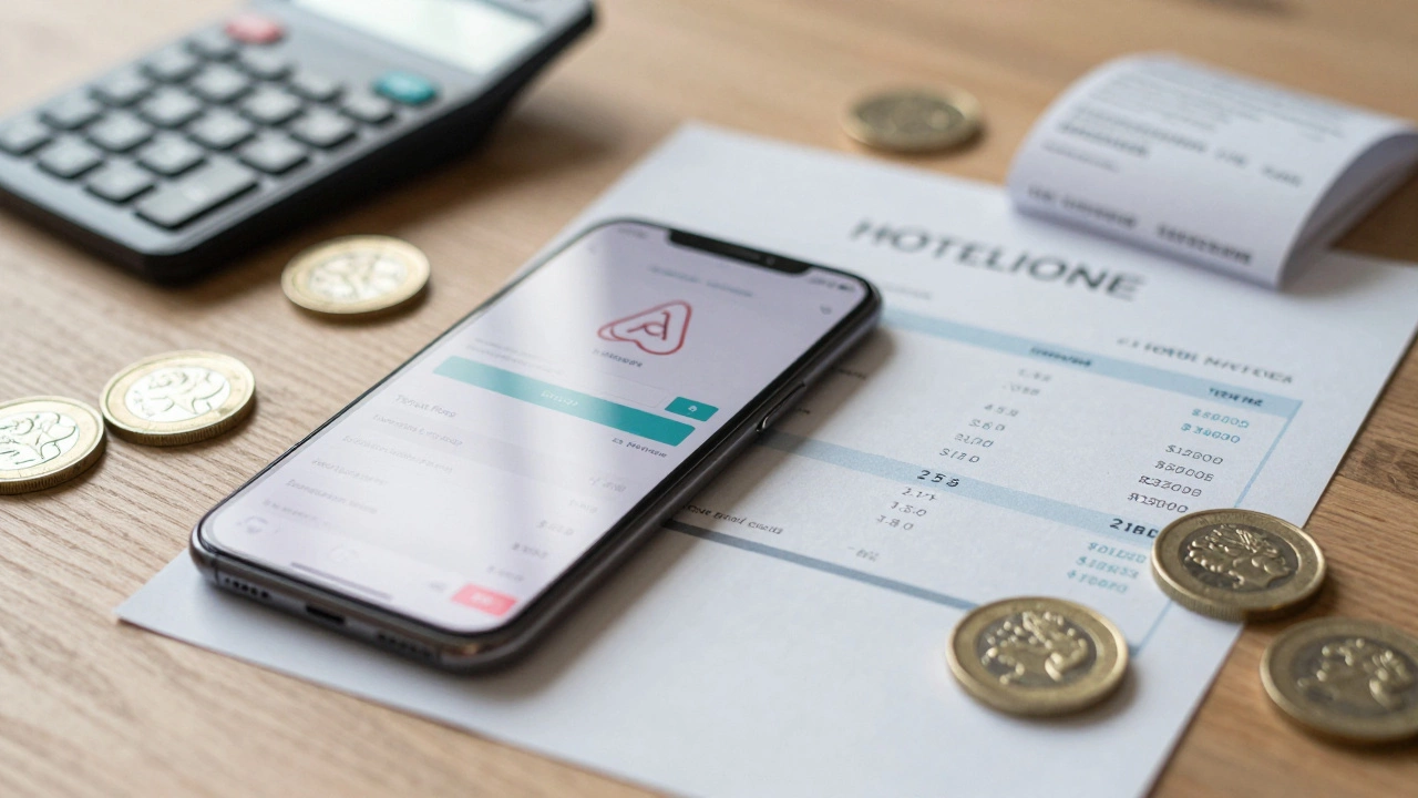 Smartphone showing booking fees next to hotel invoice and coins
