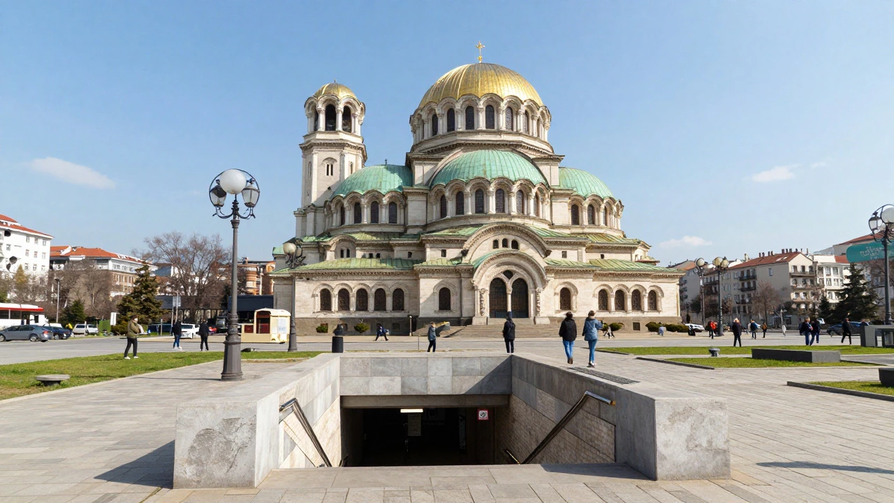 Sofia, Bulgaria skyline featuring Alexander Nevsky Cathedral and modern metro
