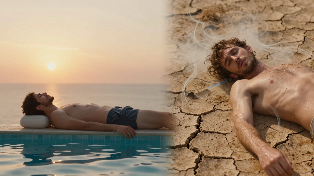 Split image showing relaxation versus fatigue at a resort