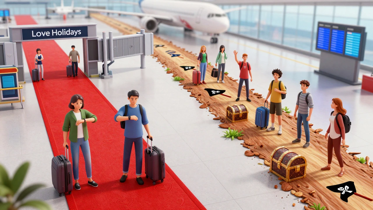 Two diverging paths in an airport: one polished for planned trips, one rugged for deals.