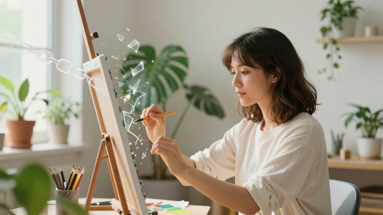 Woman painting peacefully, breaking free from digital chains