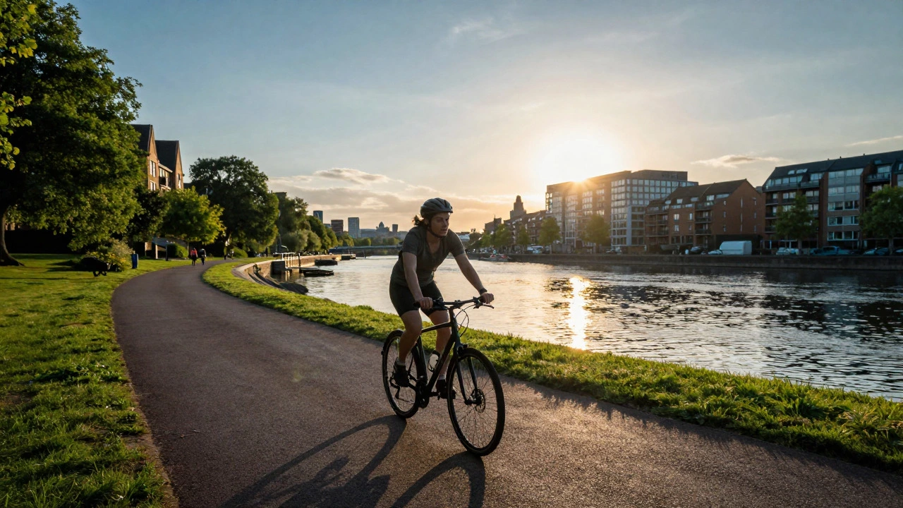 A cyclist riding along a riverbank park in a UK city at sunset