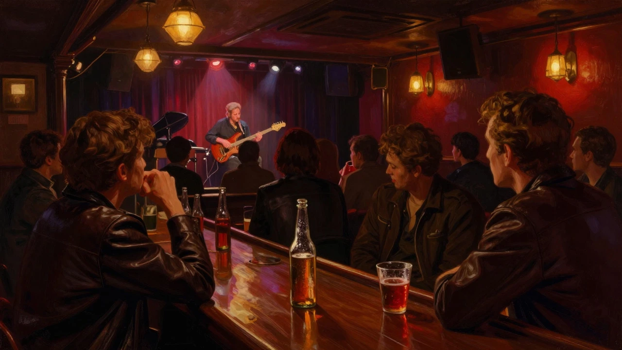 A musician performing in a dimly lit, cozy jazz club
