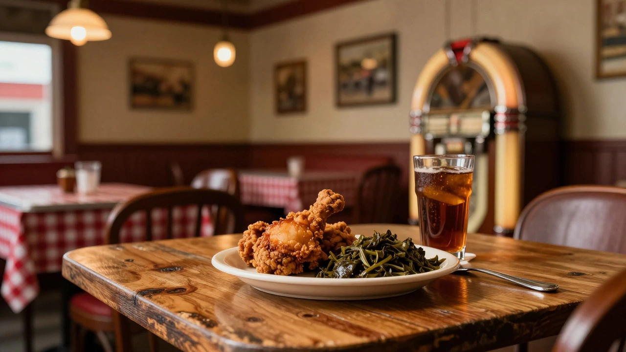 A plate of Southern comfort food and sweet tea on a wooden table in a rustic Mississippi diner