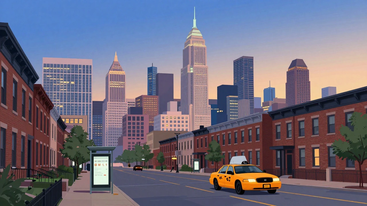 An artistic cityscape at dusk featuring a yellow taxi and affordable urban architecture
