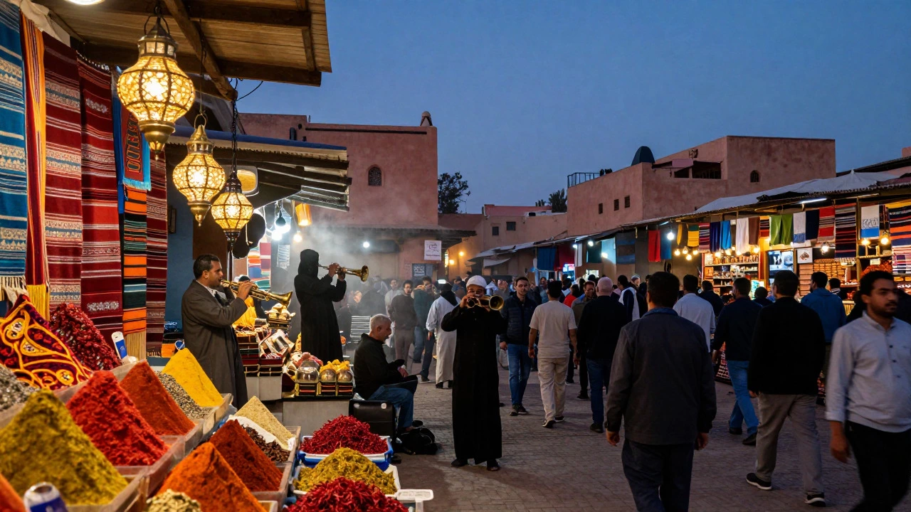 Bustling Jemaa el-Fnaa square in Marrakech at dusk with musicians, spices, and lanterns