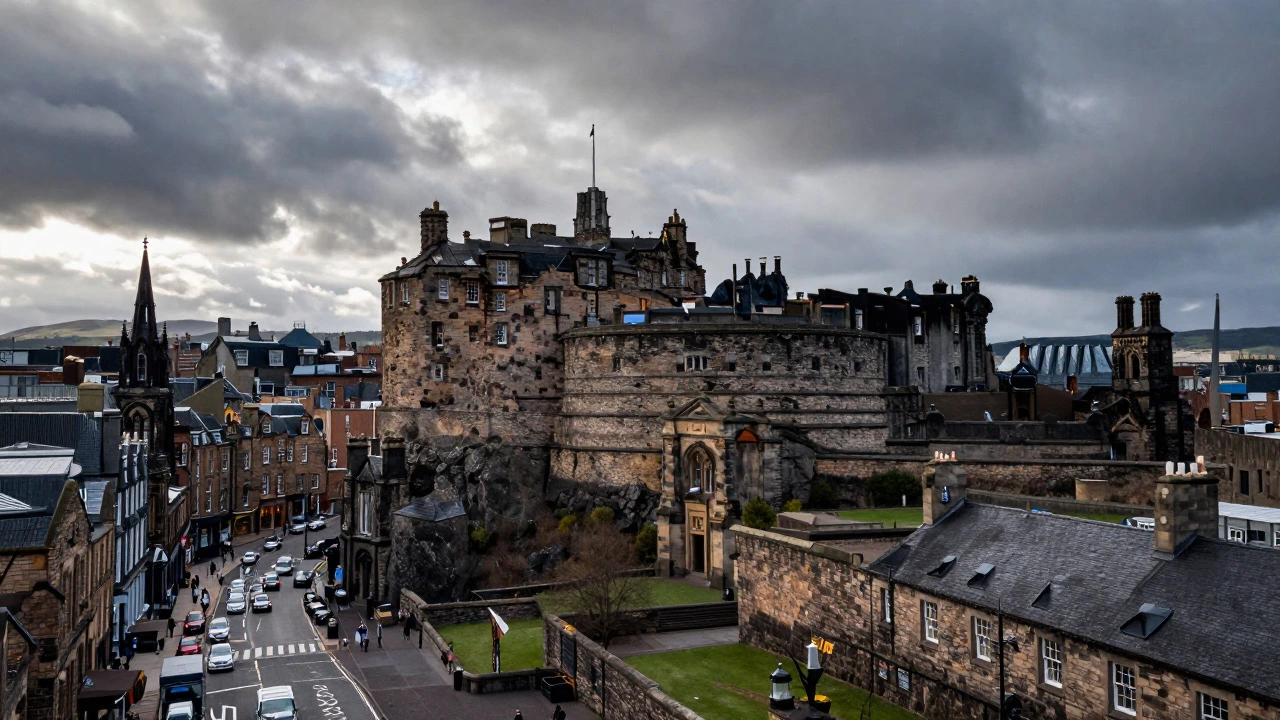 Edinburgh Castle on rocky hill with moody sky