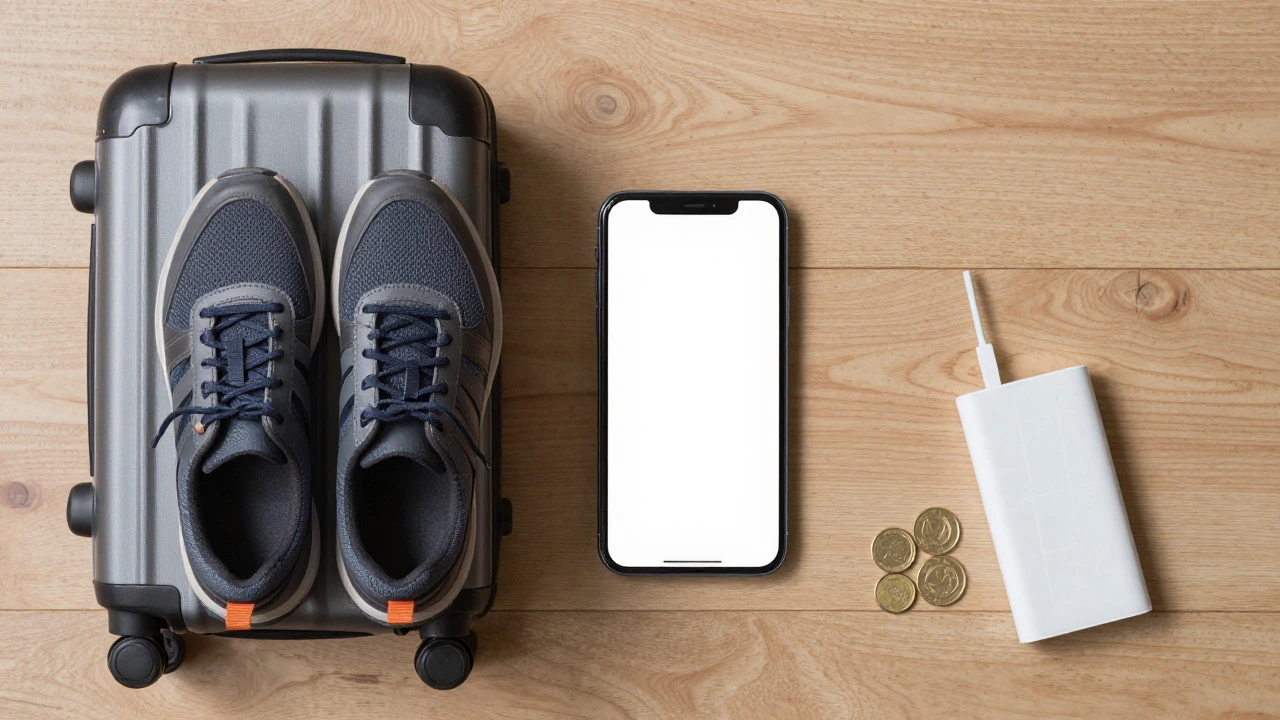 Flat lay of travel essentials like suitcase and shoes