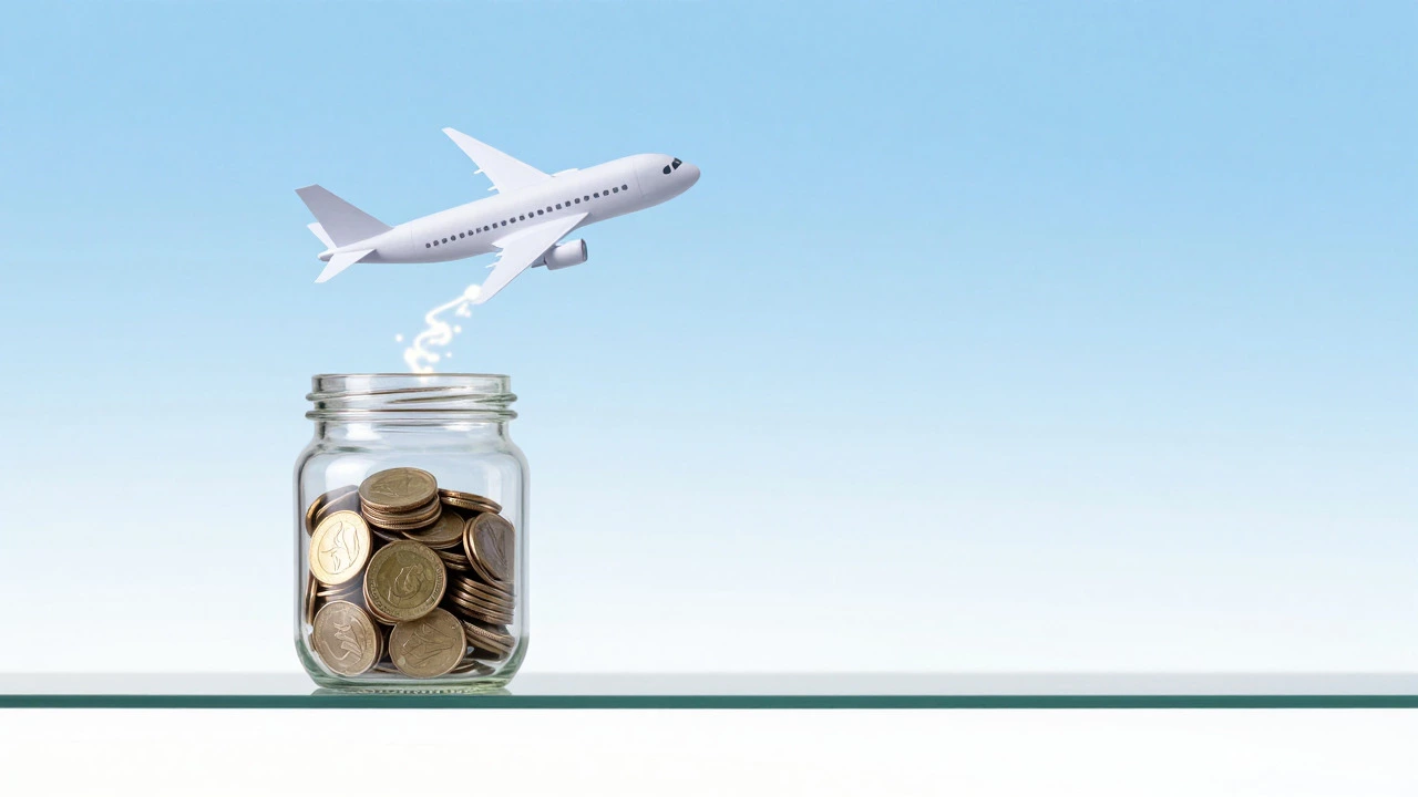 Glass jar of coins with a paper airplane flying out, symbolizing travel savings