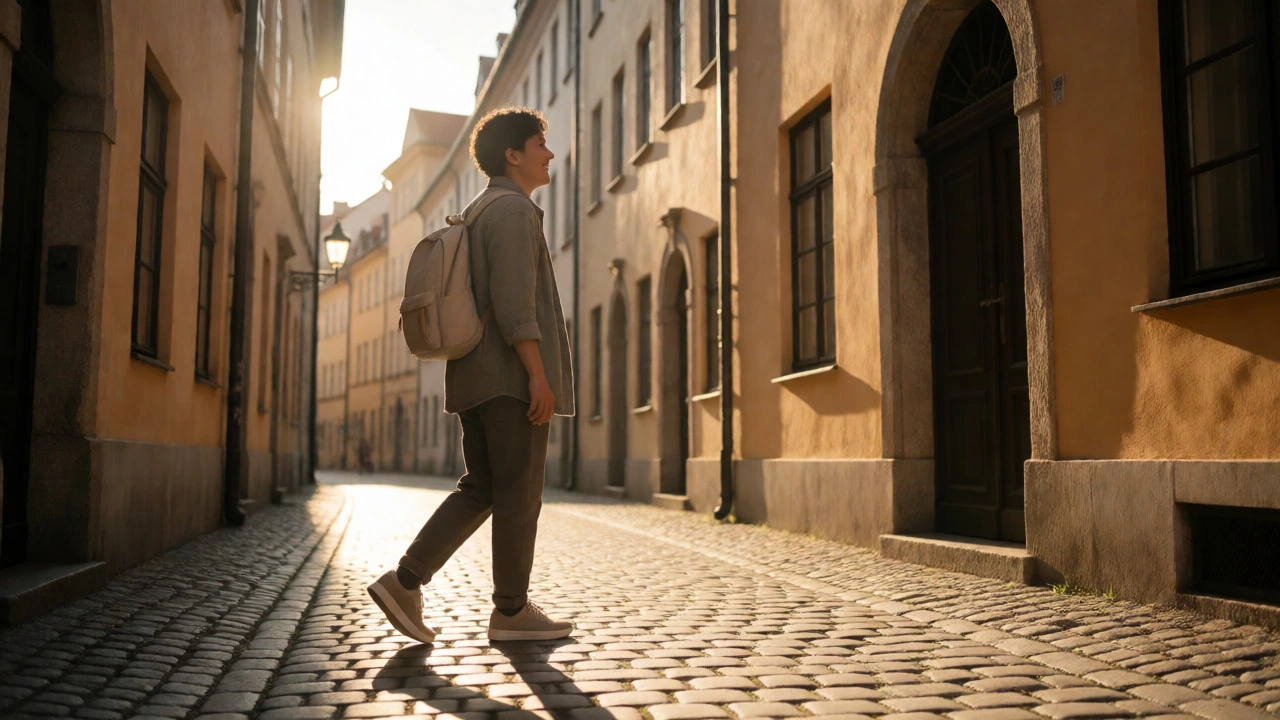 Happy tourist walking freely through European streets