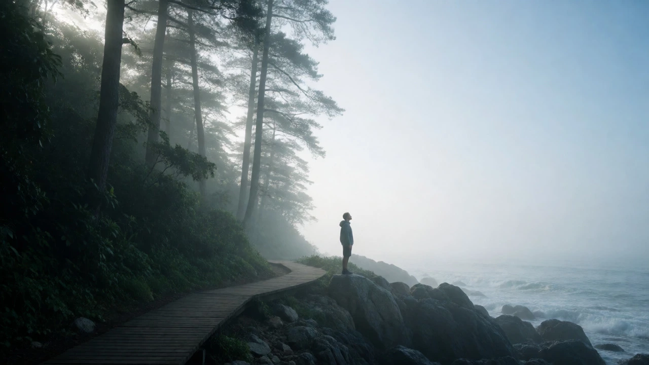 Hiker enjoying a quiet, misty nature trail for a mental reset.