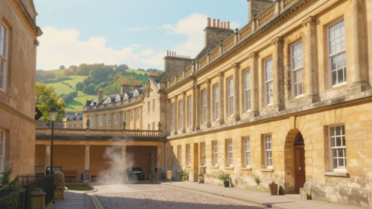 Honey-colored Georgian architecture in Bath with steam