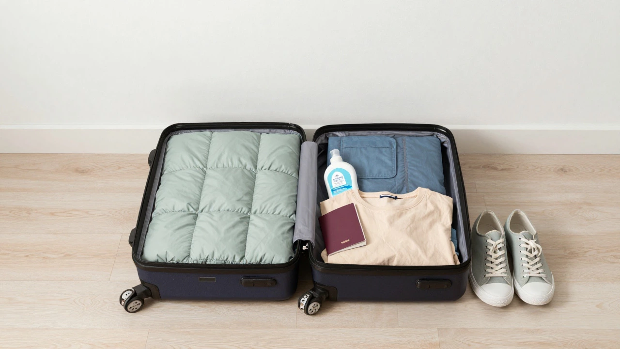 Open carry-on suitcase with organized packing cubes and sneakers