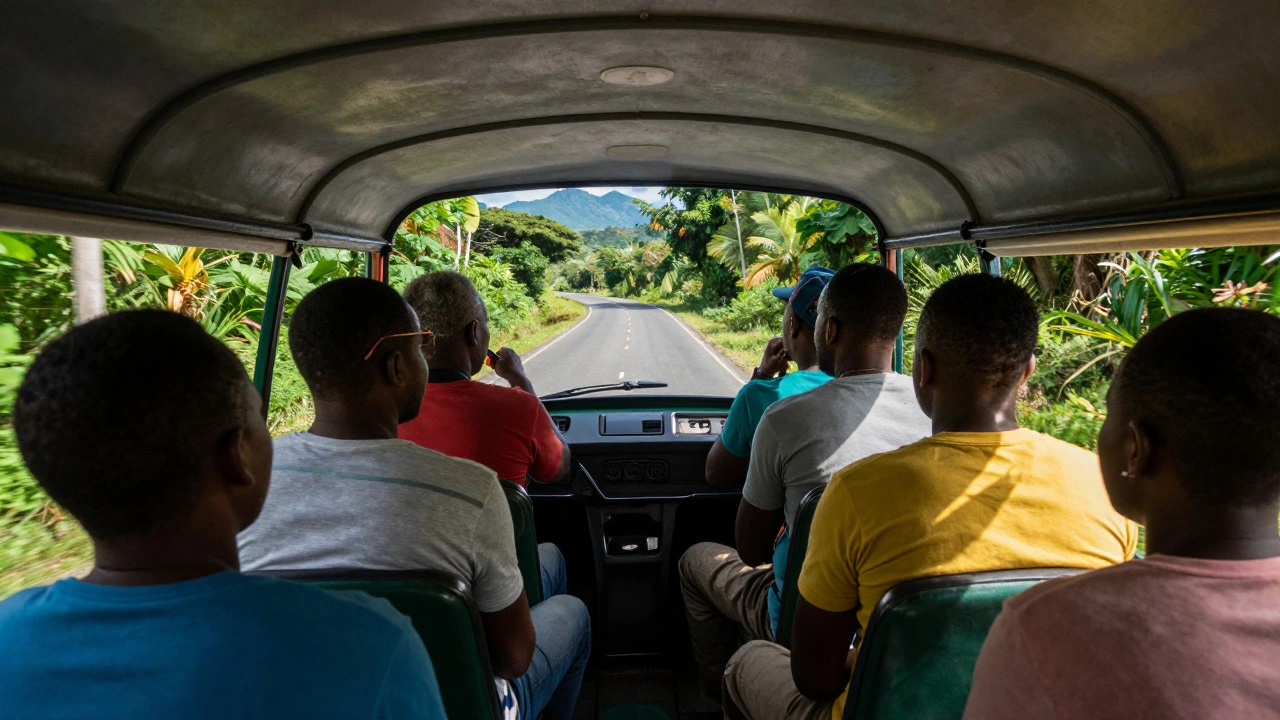 Passengers riding in a crowded Jamaican route taxi through a green valley