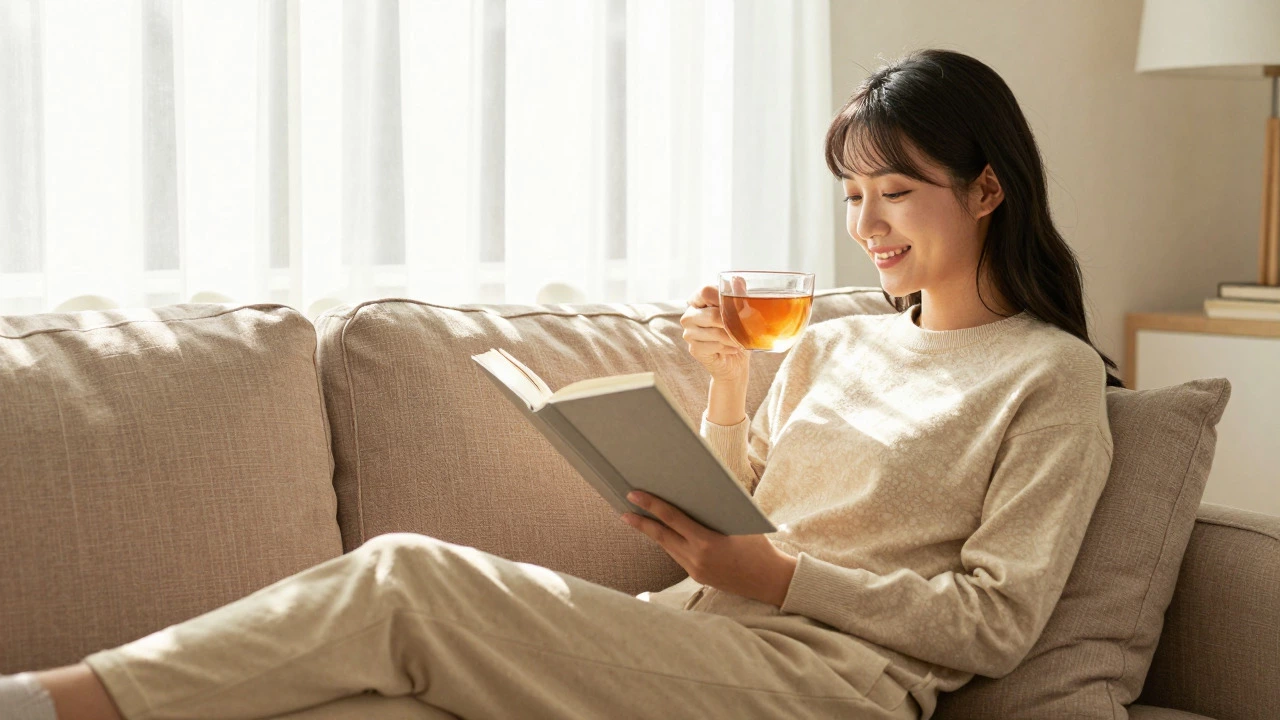 Person relaxing on sofa with book in sunny living room