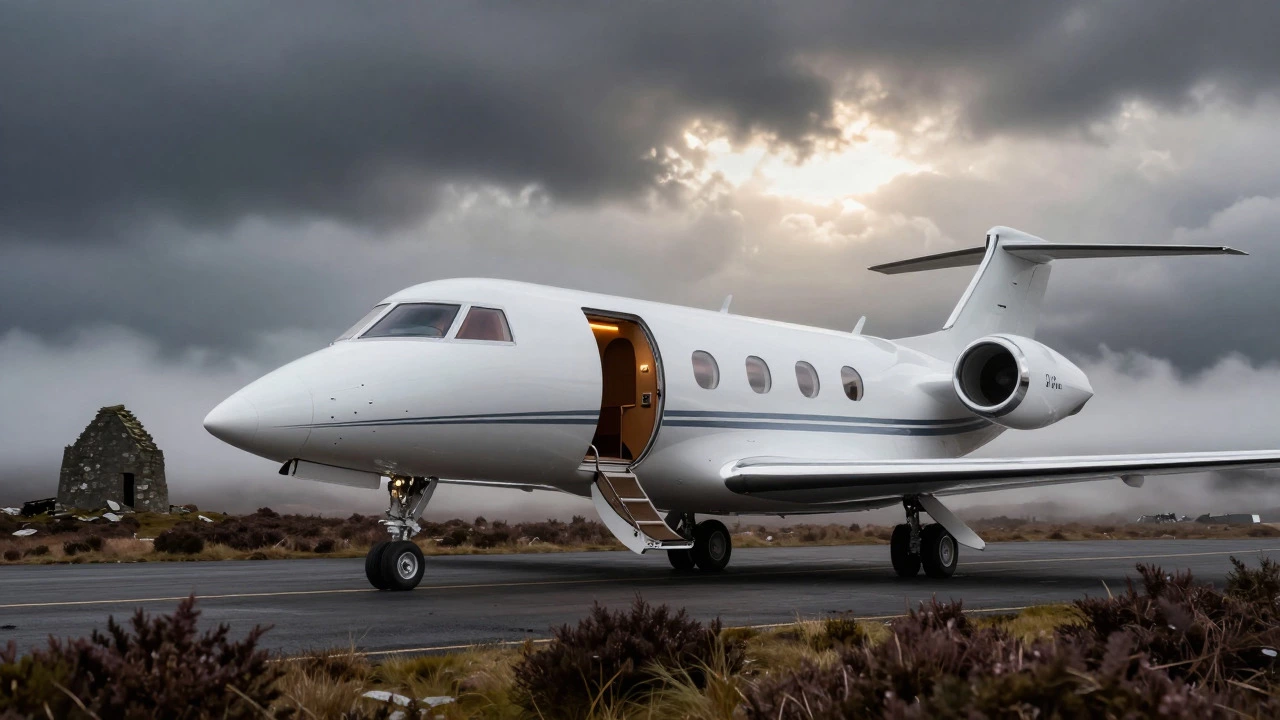 Private business jet parked on remote Highland airstrip