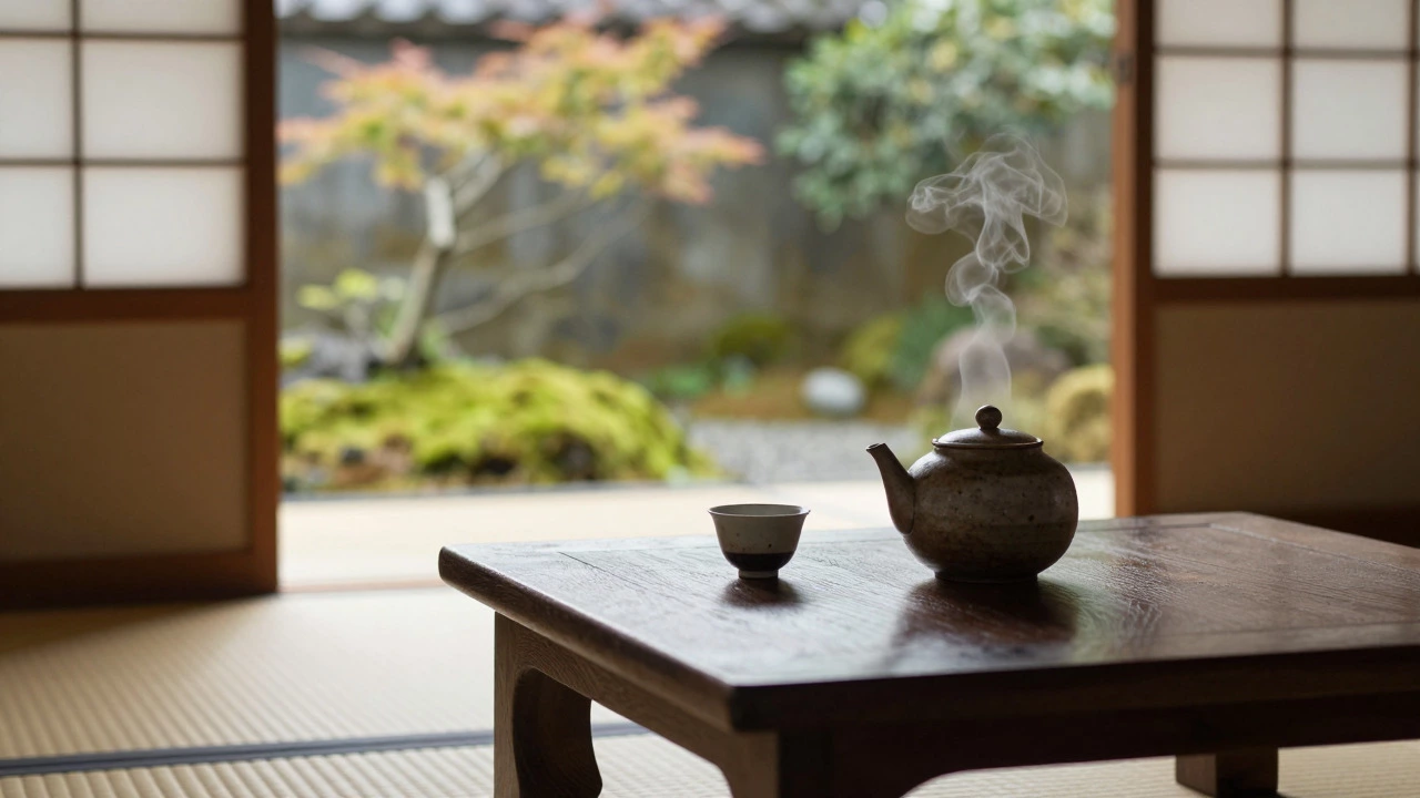 Traditional Japanese tea ceremony setup in a Kyoto room with a view of a moss garden