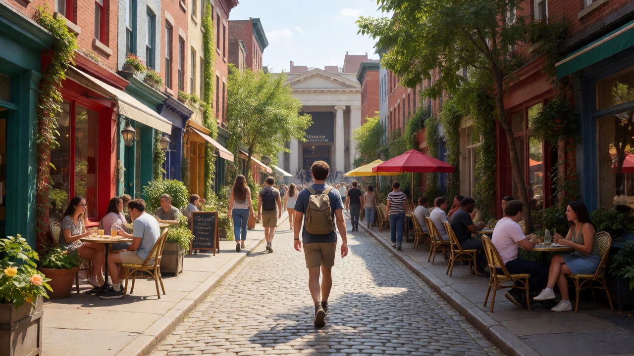 Traveler with a small backpack exploring a vibrant city street on foot.