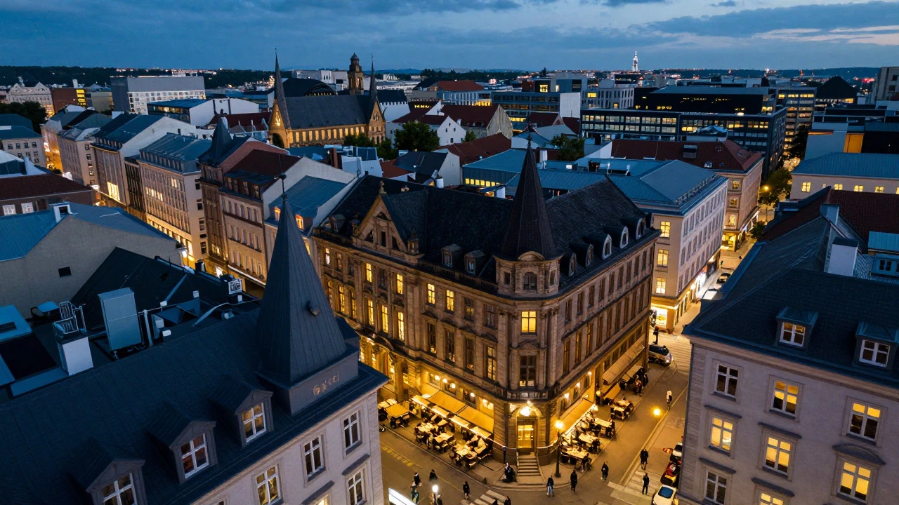 Twilight view of dense European city with lit streets