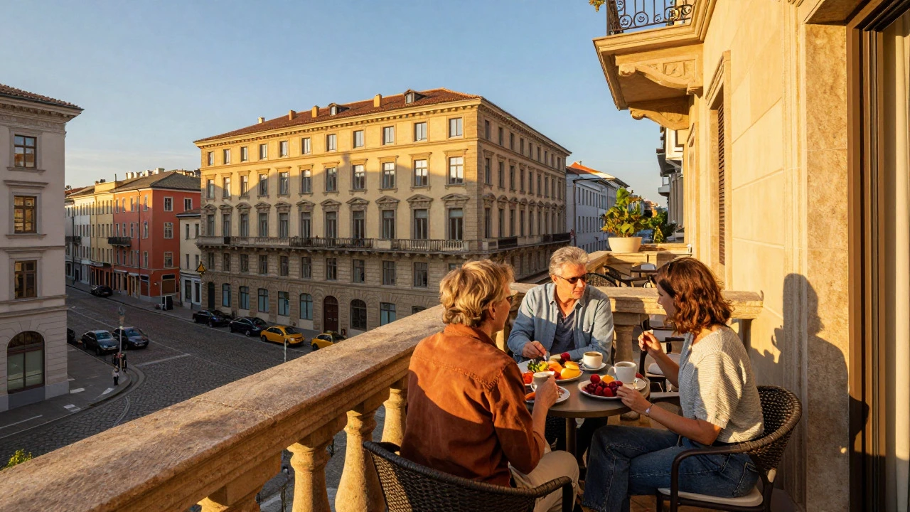Two travelers enjoying a meal on a European hotel balcony at sunset