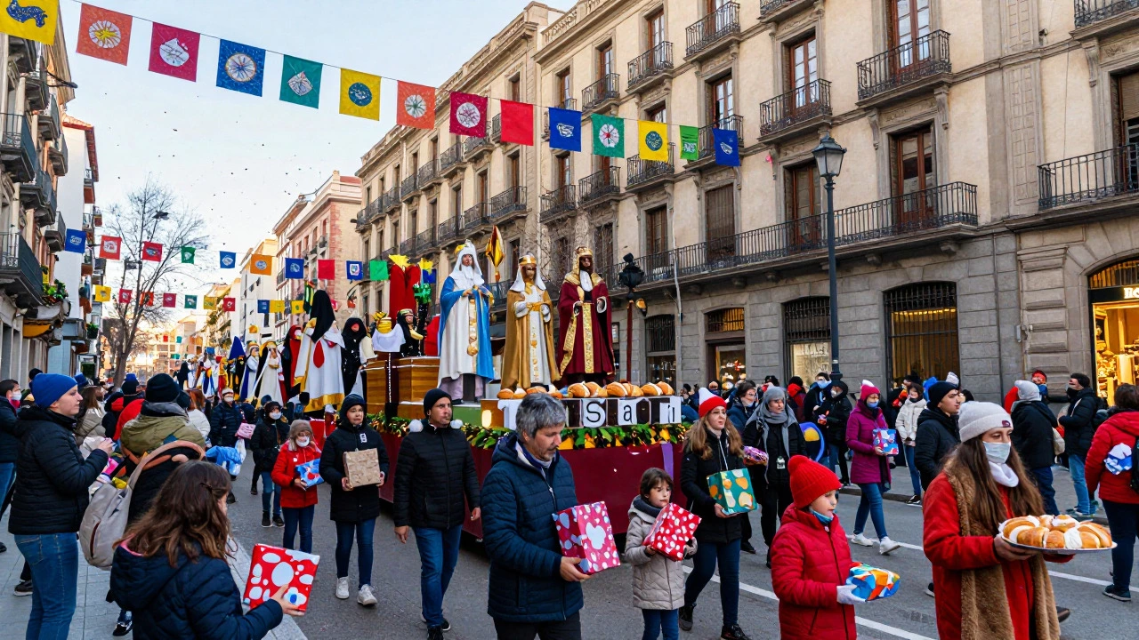 Vibrant street parade for Three Kings Day with floats and celebrating crowds.