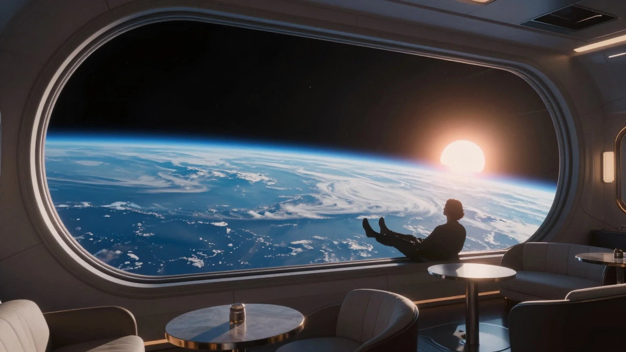 View of Earth from inside a futuristic space hotel