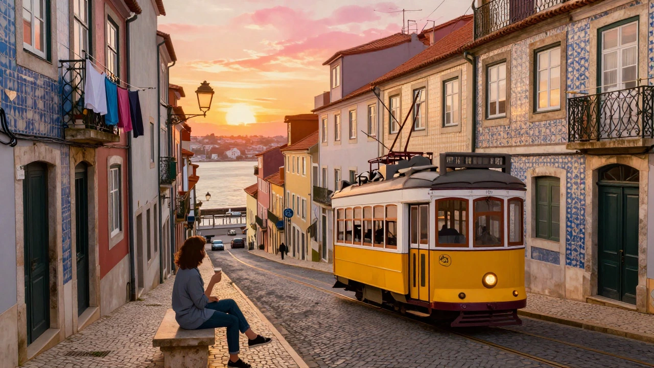 Vintage yellow tram navigating narrow streets in Lisbon's Alfama district