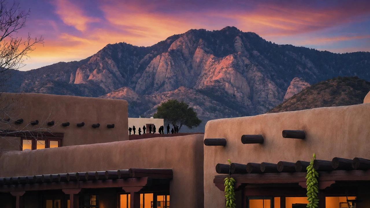 Albuquerque Old Town adobe buildings with Sandia Mountains in the background