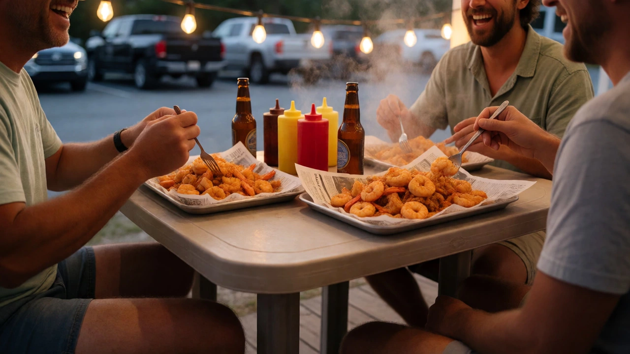 Casual outdoor seafood dinner with shrimp boils at a local low-cost restaurant in South Carolina.