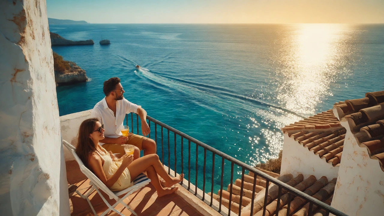 Couple enjoying a sunny Mediterranean holiday balcony view