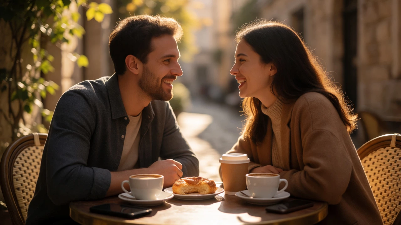 Couple ignoring phones and connecting over coffee at an outdoor cafe