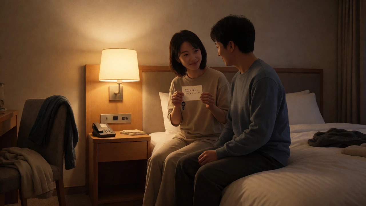 Couple sharing a quiet, intimate moment in a dimly lit hotel room