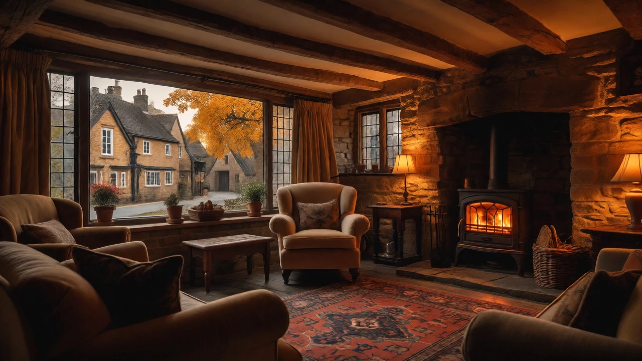 Cozy Cotswold cottage interior with fireplace and village view