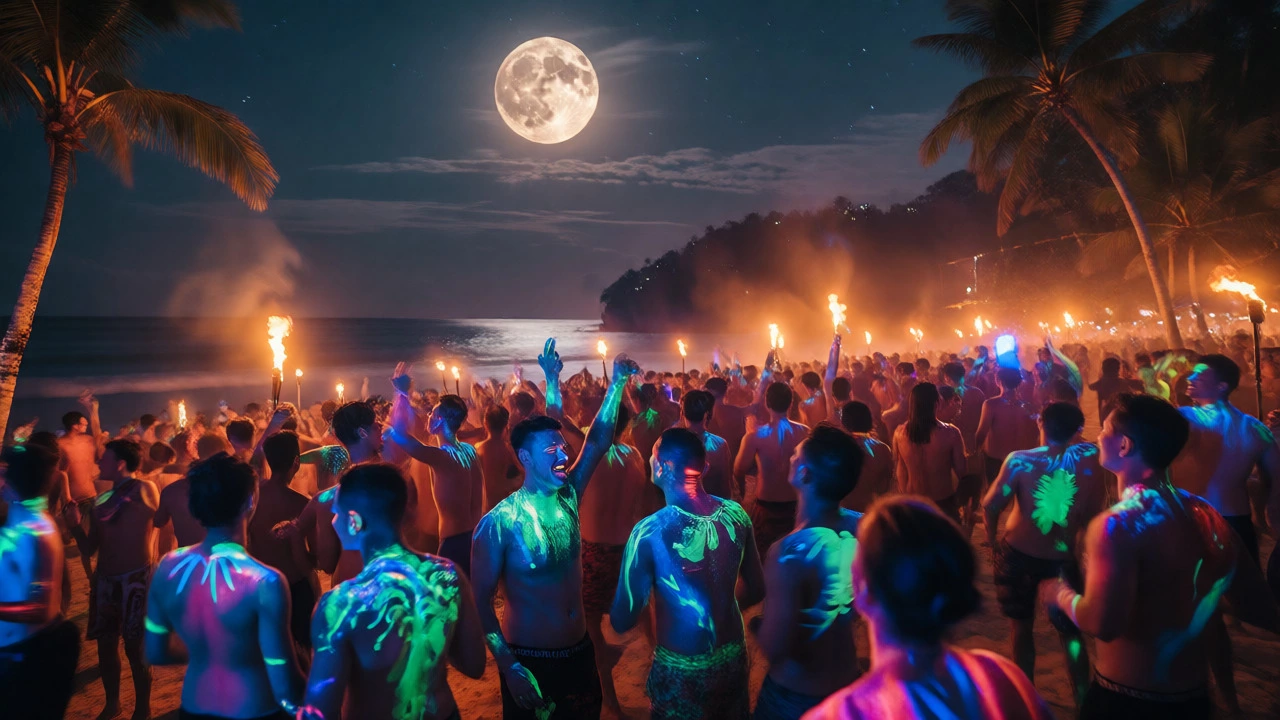 Crowd dancing at Full Moon Party in Thailand with neon body paint under moonlight