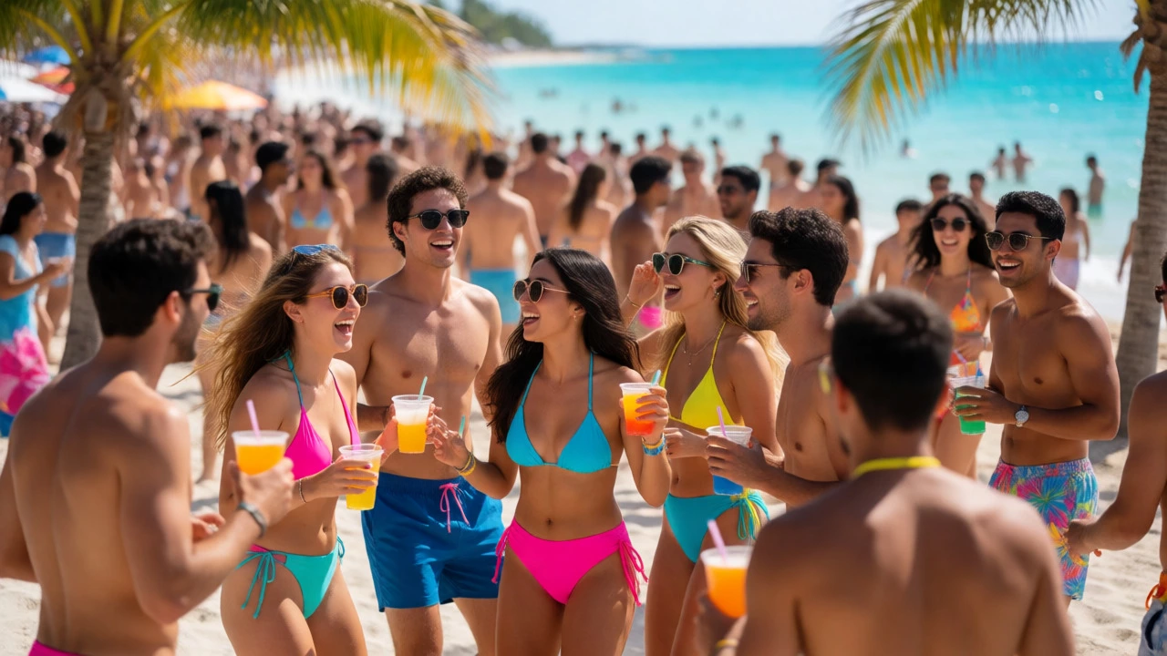 Crowded Miami beach with young adults celebrating during spring break