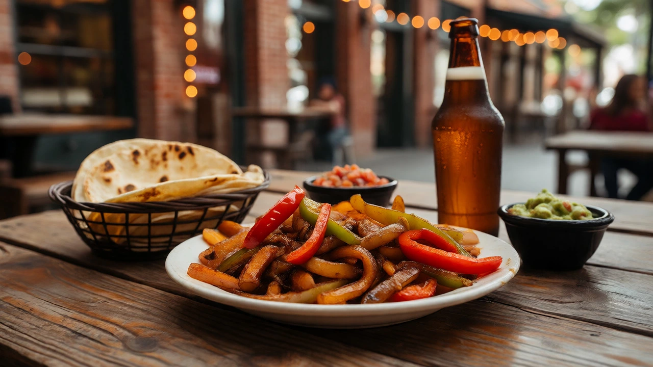 Delicious Tex-Mex fajitas served on a rustic outdoor table in San Antonio