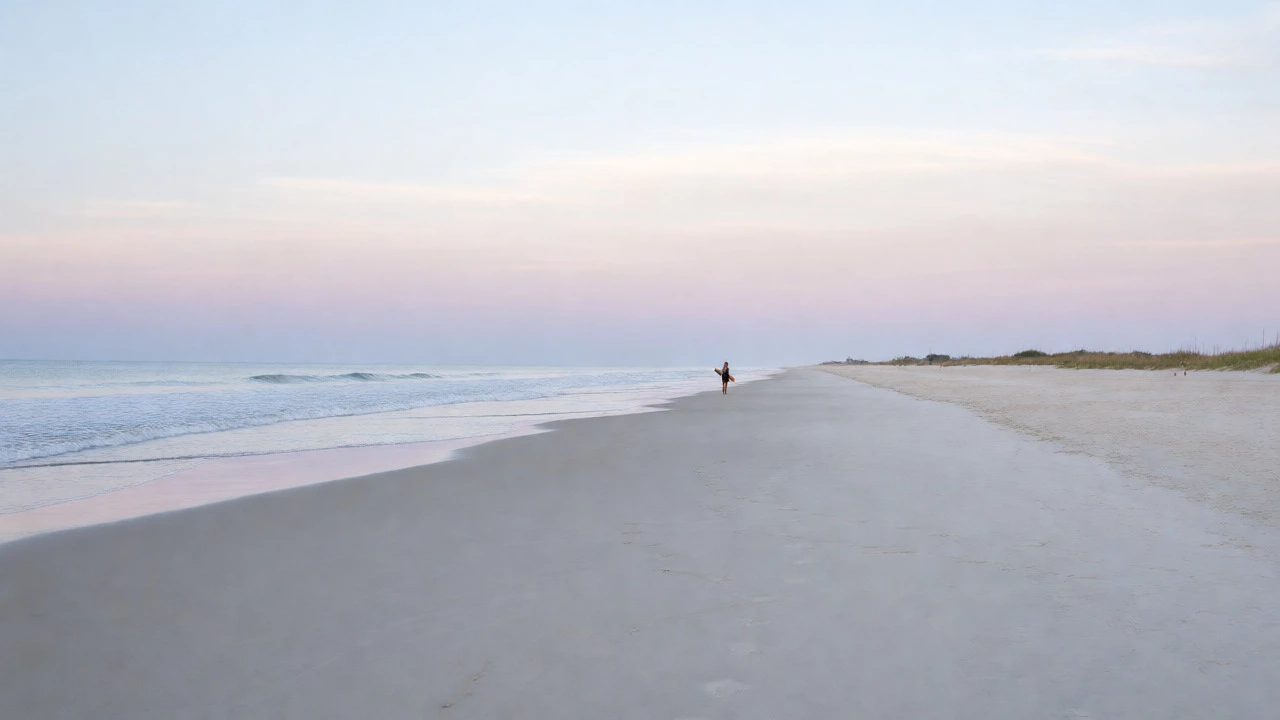Empty, serene public beach access in Garden City with gentle waves and soft morning light.