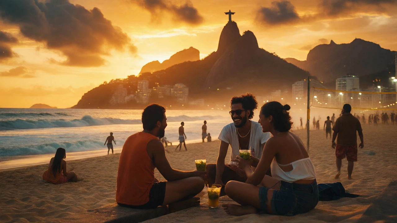 Friends drinking caipirinhas on Rio de Janeiro beach at sunset with Christ the Redeemer
