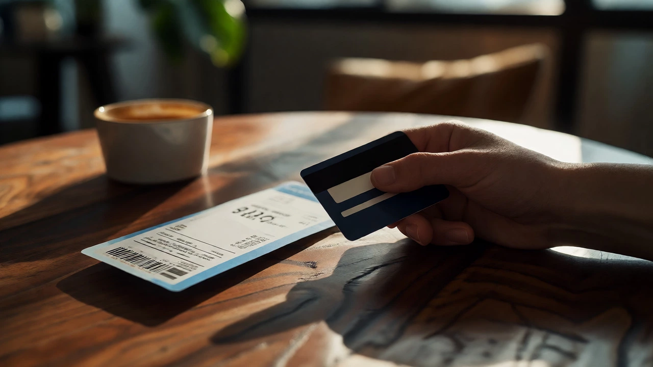 Hand holding credit card next to boarding pass and coffee