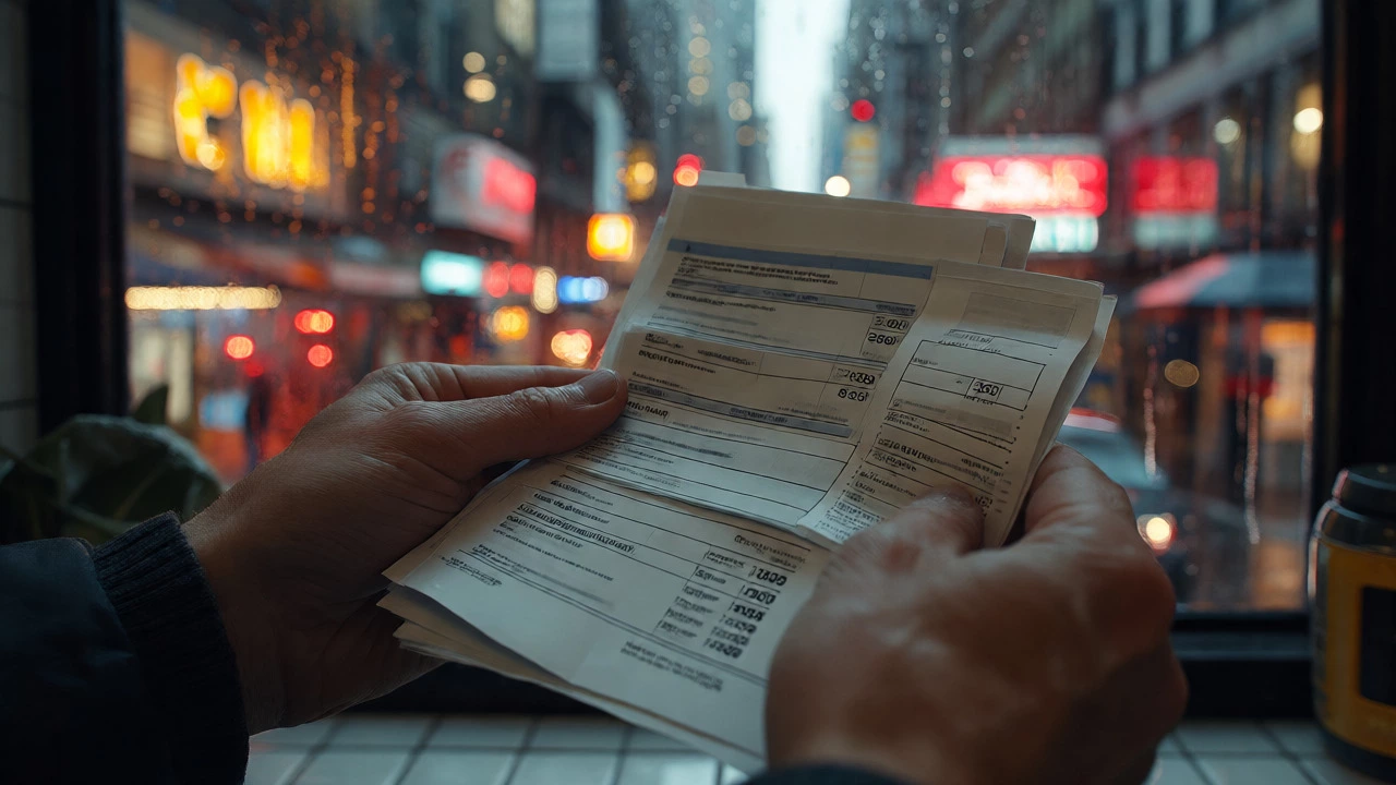 Hands holding bills in NYC kitchen with rainy street view
