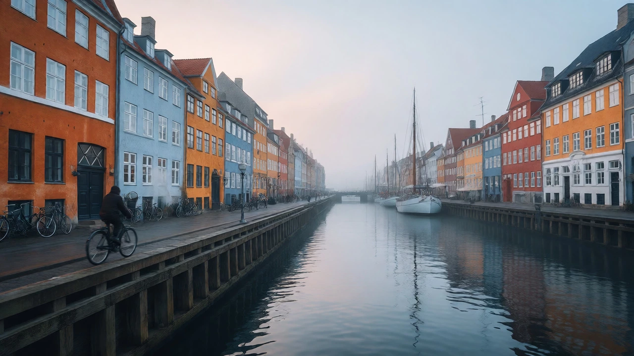 Peaceful morning mist over Copenhagen's Nyhavn canal with colorful houses