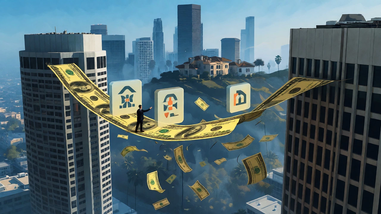 Person balancing on money tightrope between CA skyscrapers