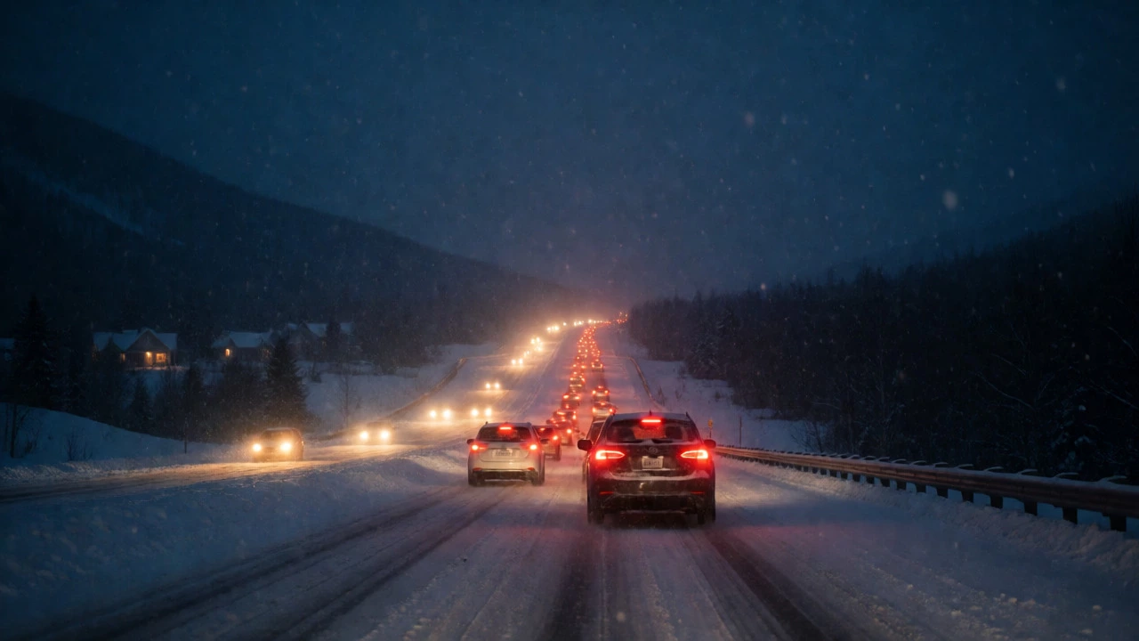 Snowy highway at dusk with car headlights and taillights during Christmas travel