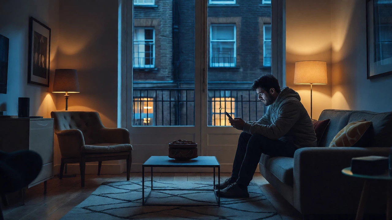 Solo traveler looking anxious in a dimly lit London apartment at night.