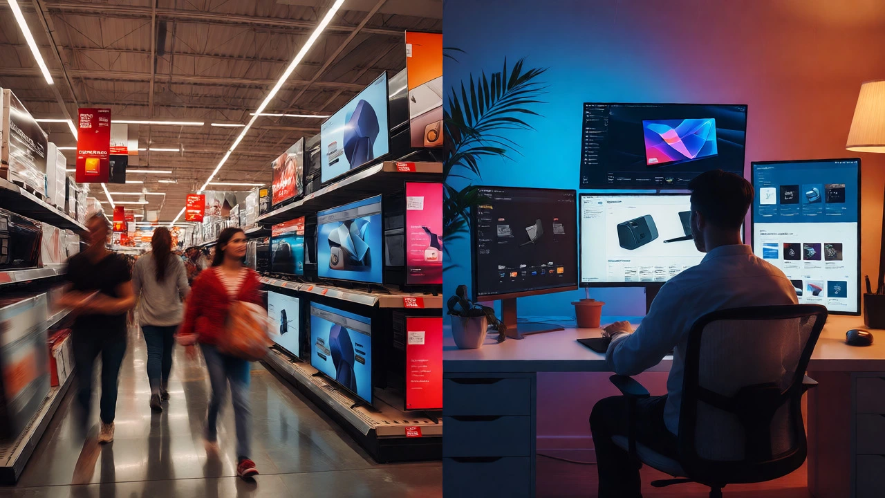 Split view comparing chaotic in-store Black Friday crowds with calm online Cyber Monday shopping.