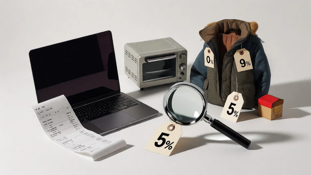 Still life of shopping items and tools illustrating the concept of spotting fake discounts.