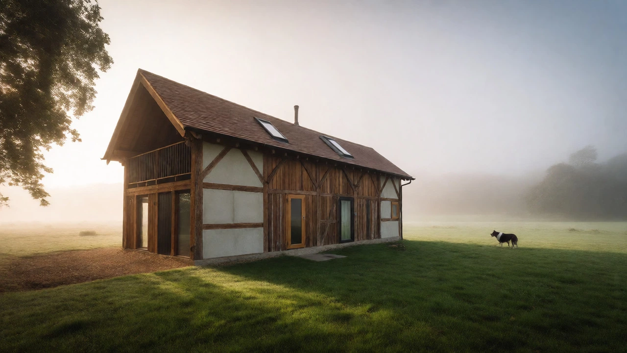 Unique converted barn in misty Yorkshire fields with a dog playing outside.