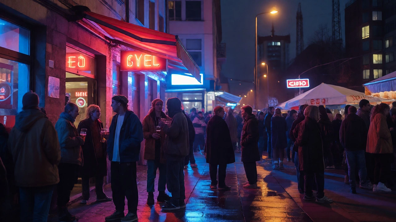 Vibrant nighttime street scene in Berlin with neon lights and people drinking beer