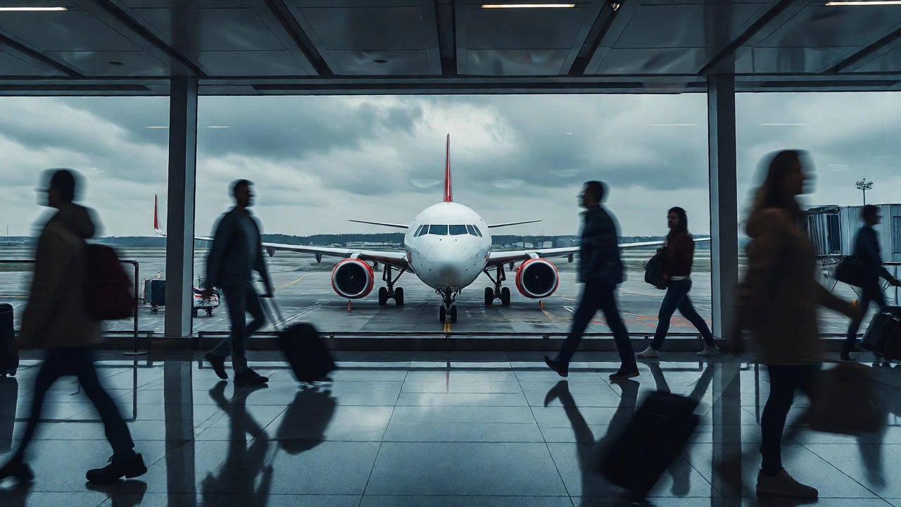 Airplane on tarmac with empty seats at airport